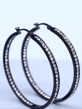 Black Metal Hoops Clear Rhinestone Hoop Earrings Sparkle Cz Pave Crystal Channel